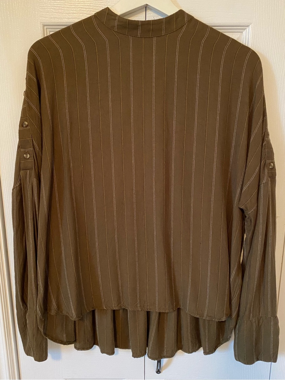 Free People Button Shoulder Long sleeve Blouse Olive Green Pinstripe Peplum Back